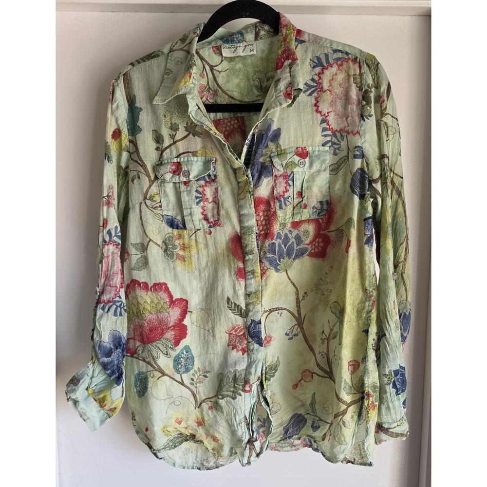 Vintage Goa Women M Floral Collared Cotton Shirt Green Boho Long Sleeve Blouse